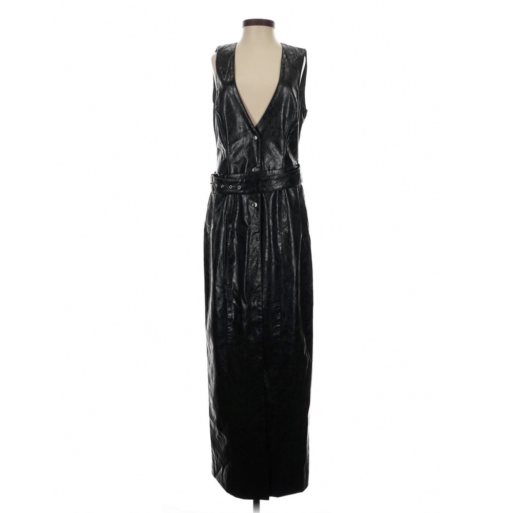 LAMARQUE Black Faux Leather Button Front Belted Maxi Dress XS Goth